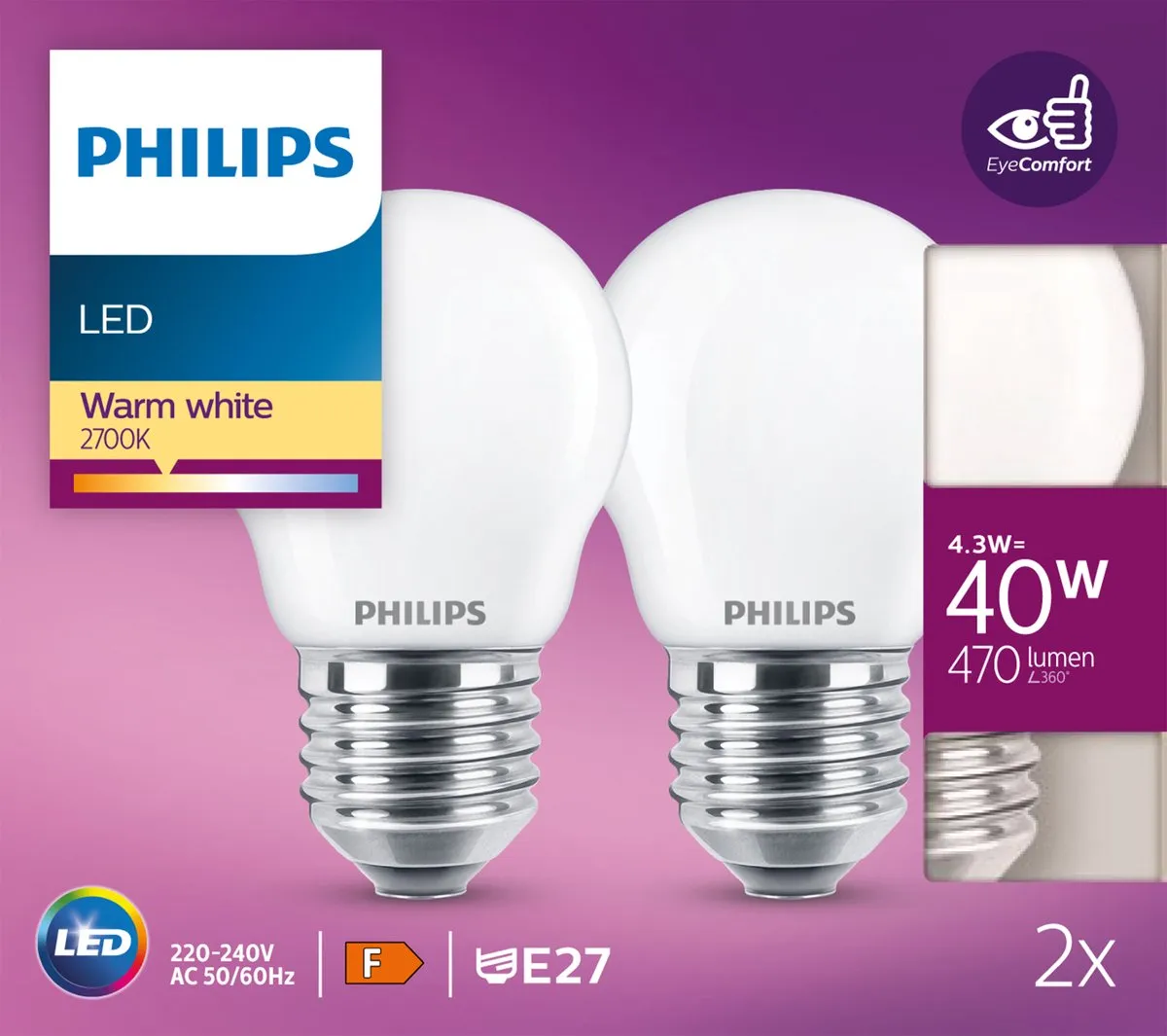Philips LED Kogellamp E27 4.3W Warmwit Mat - 2 Stuks - afbeelding 6 van 6