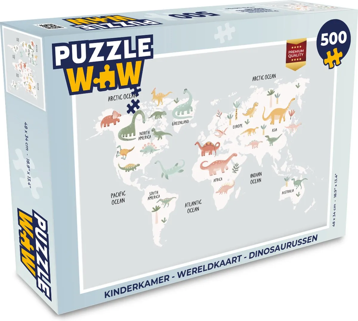 PuzzleWow Wereldkaart Dinosaurussen Legpuzzel 500 Stuks - Multicolor
