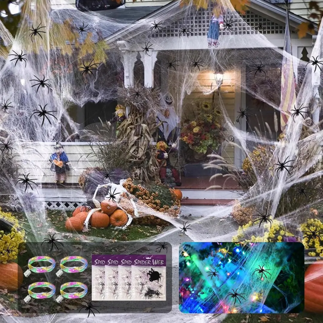 Halloween-decoratie: 4x spinnenweb, 40x spinnen, 4x LED-lampen