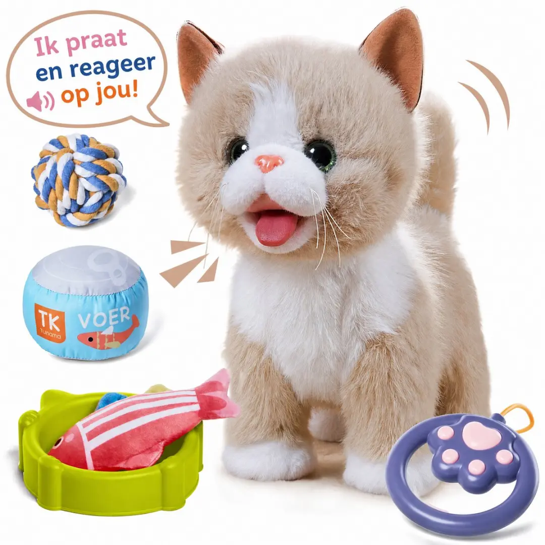 ECTEATOY® Knuffel kat - Interactieve Elektrische Pluche Kat Speelgoed - met Riem en Accessoires - Lopende & Miauwende - Kwispelt - Cadeau voor Kinderen