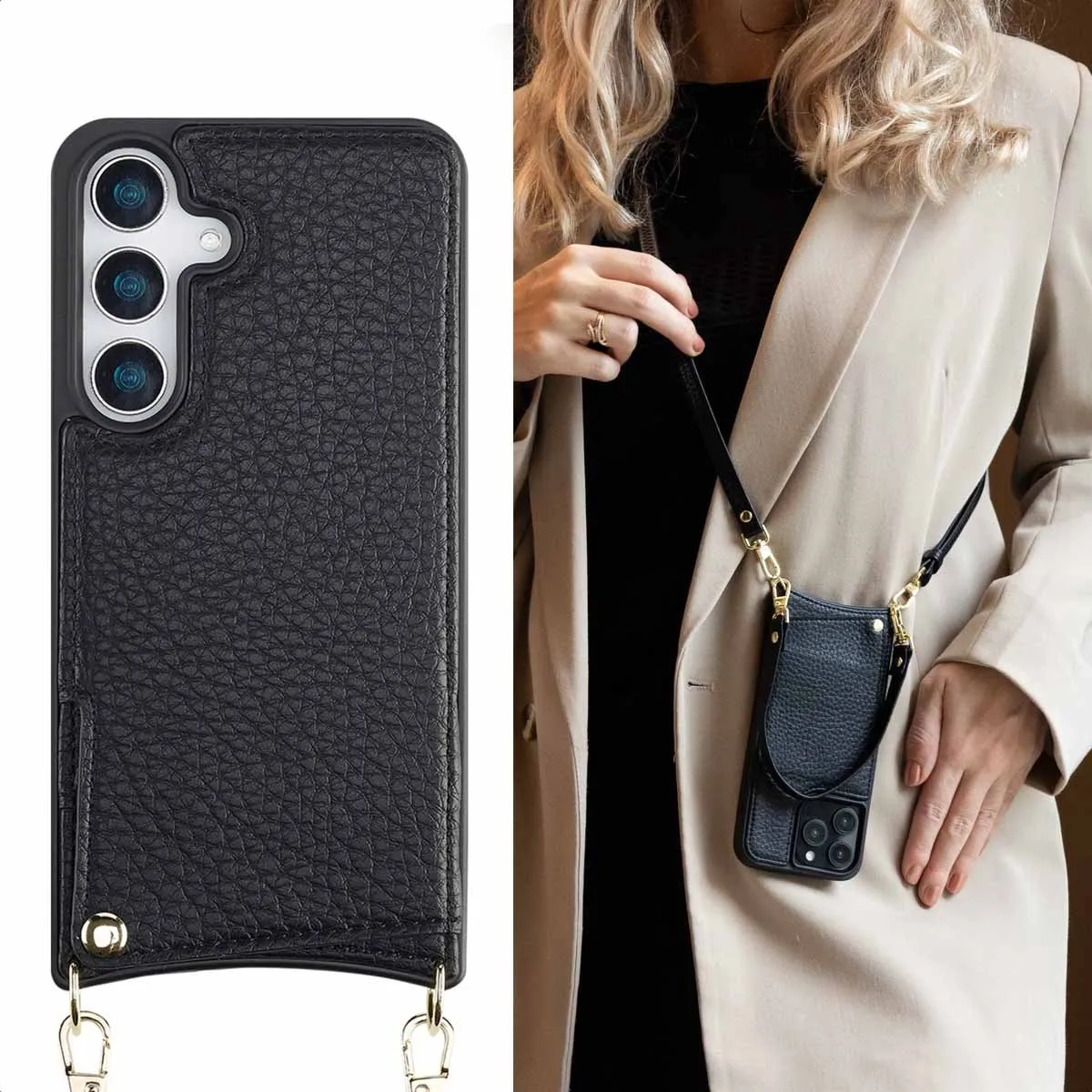 Selencia Hoesje Samsung Galaxy S25 - Backcover met koord - 2 Pasjes - Zwart