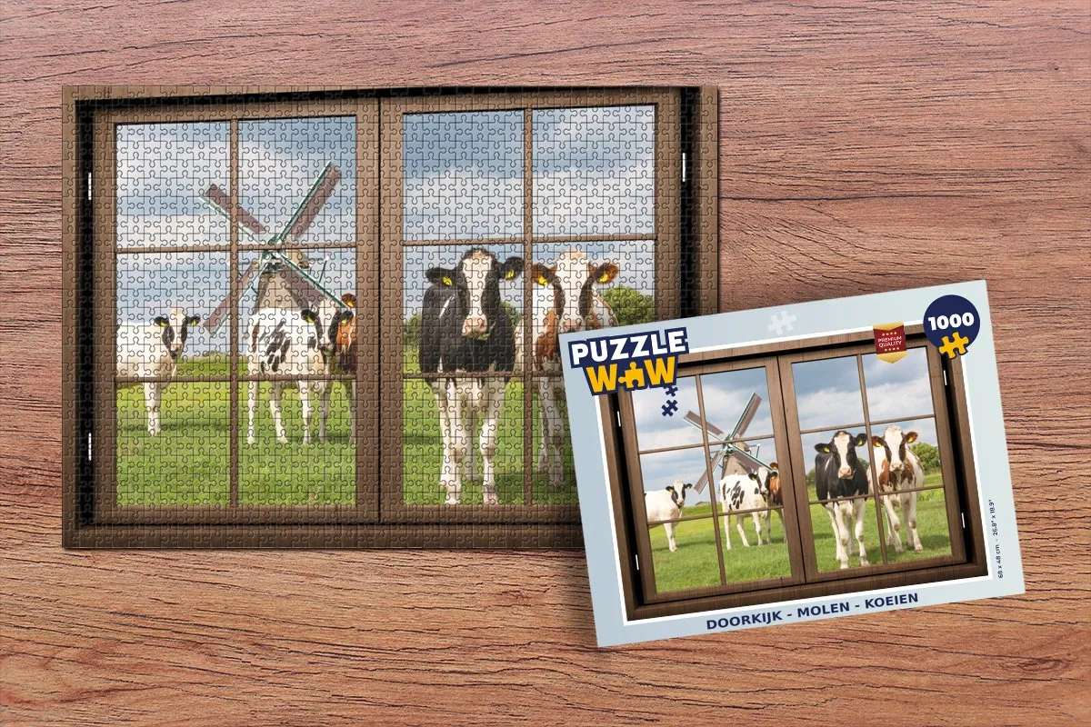 PuzzleWow Doorkijk Molen Koe Legpuzzel 1000 Stuks - Multicolor