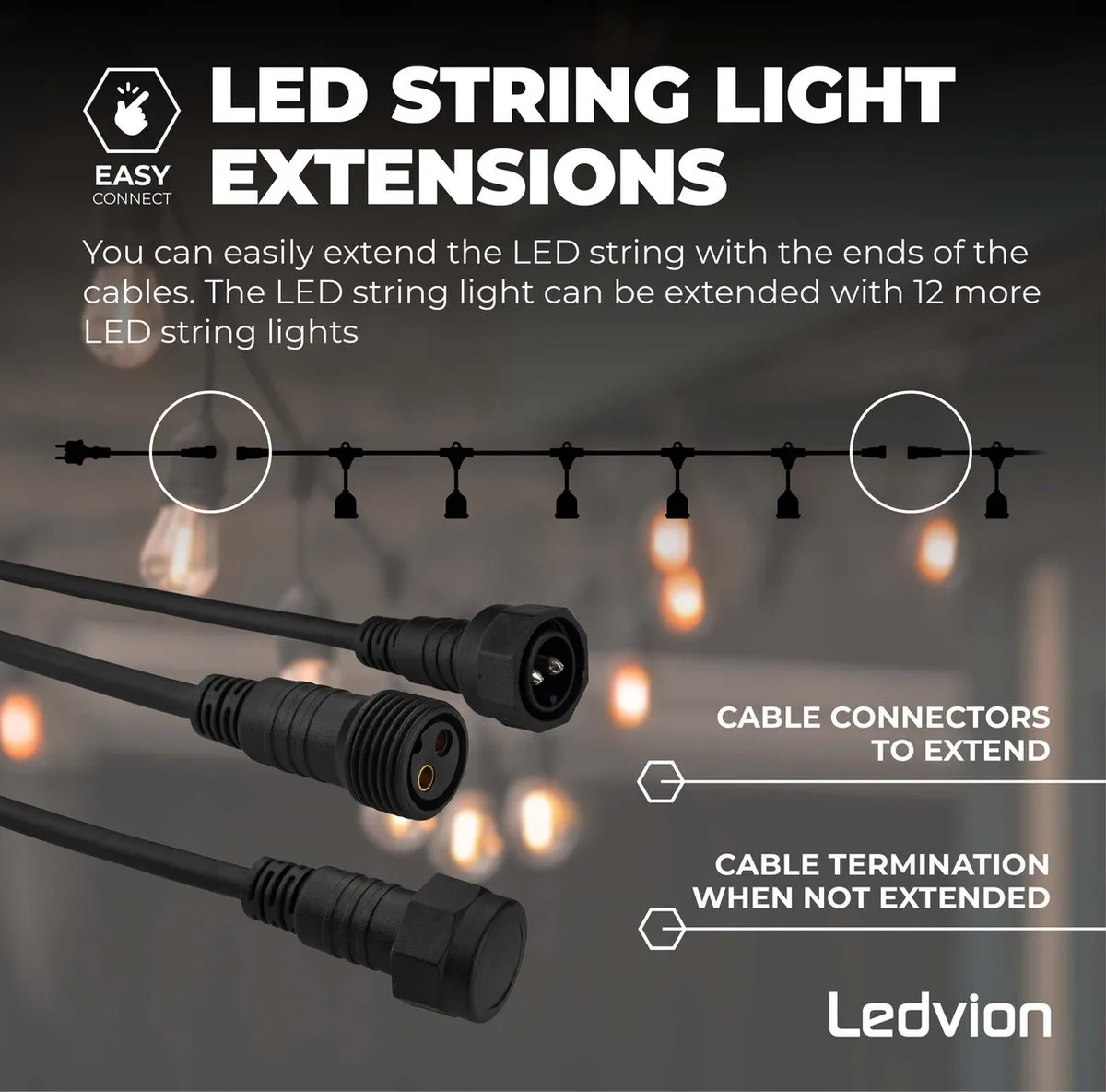 LEDVION Lichtsnoer 45m E27 RGBIC - 9 Lichtpunten - Zwart