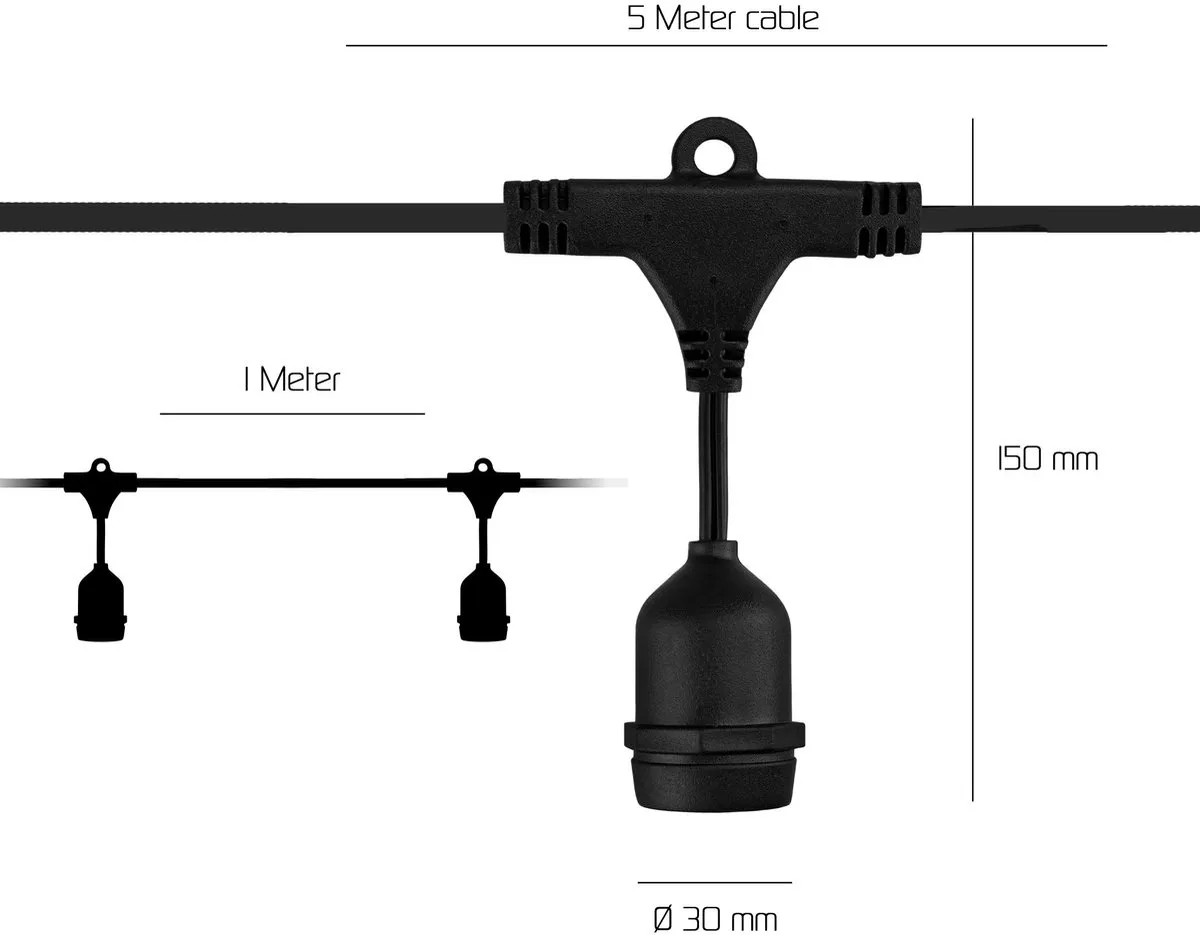 LEDVION Lichtsnoer 45m E27 RGBIC - 9 Lichtpunten - Zwart