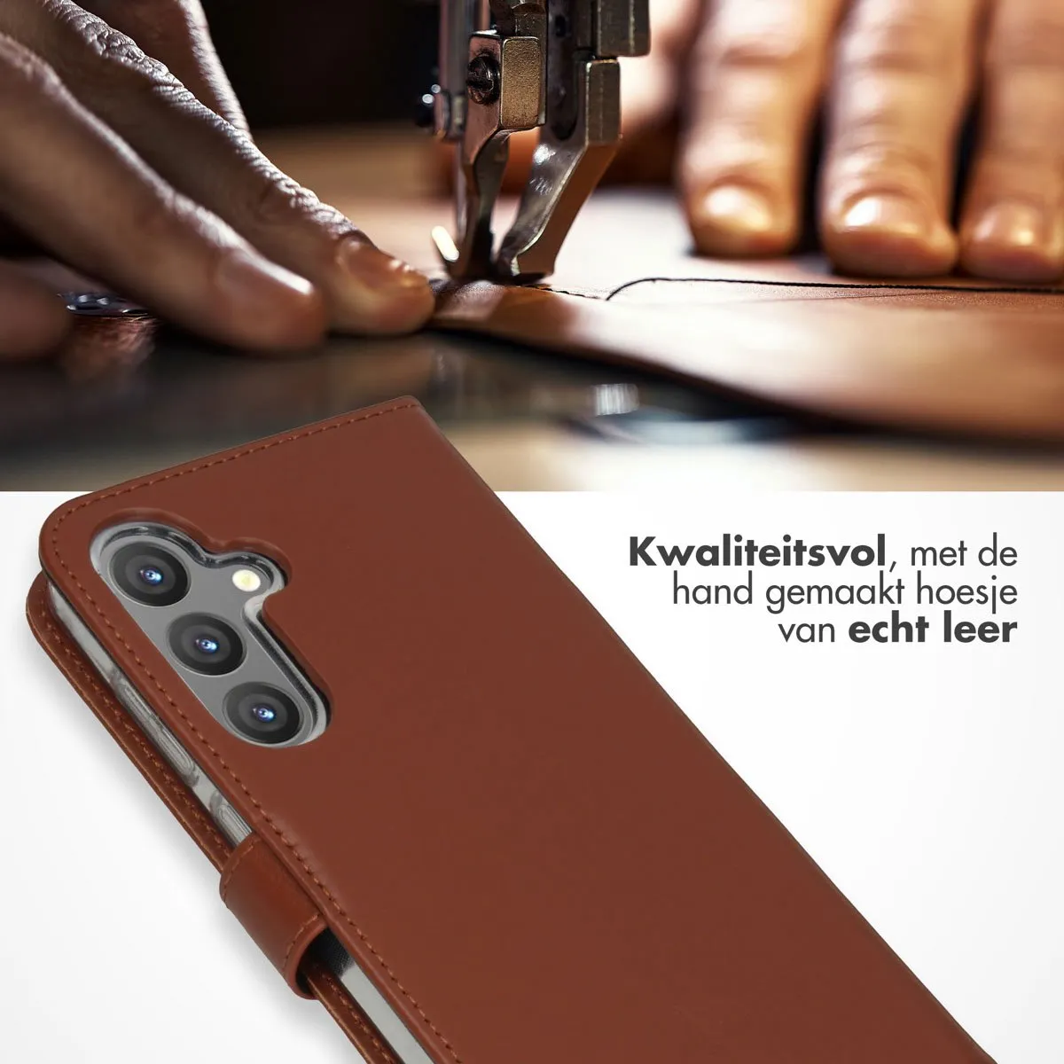 Selencia Hoesje Samsung Galaxy S24 Plus - Echt Lederen Bookcase Lichtbruin