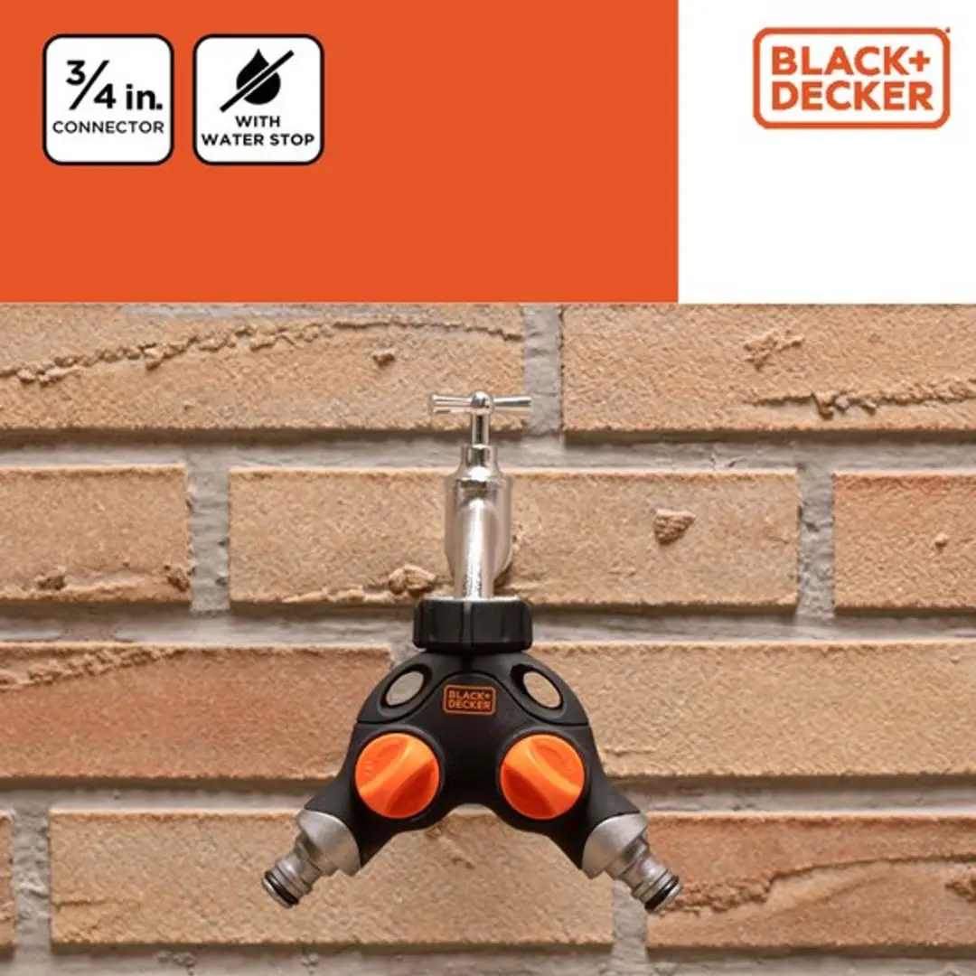 BLACK+DECKER Kraanstuk 3/4 Waterstop Splitser - 2 Weg - Zwart/ Oranje - afbeelding 2 van 6