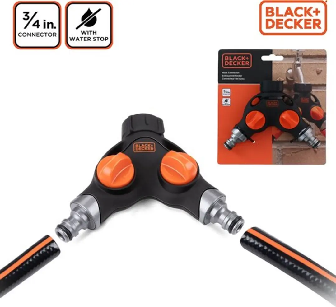 BLACK+DECKER Kraanstuk 3/4 Waterstop Splitser - 2 Weg - Zwart/ Oranje - afbeelding 3 van 6