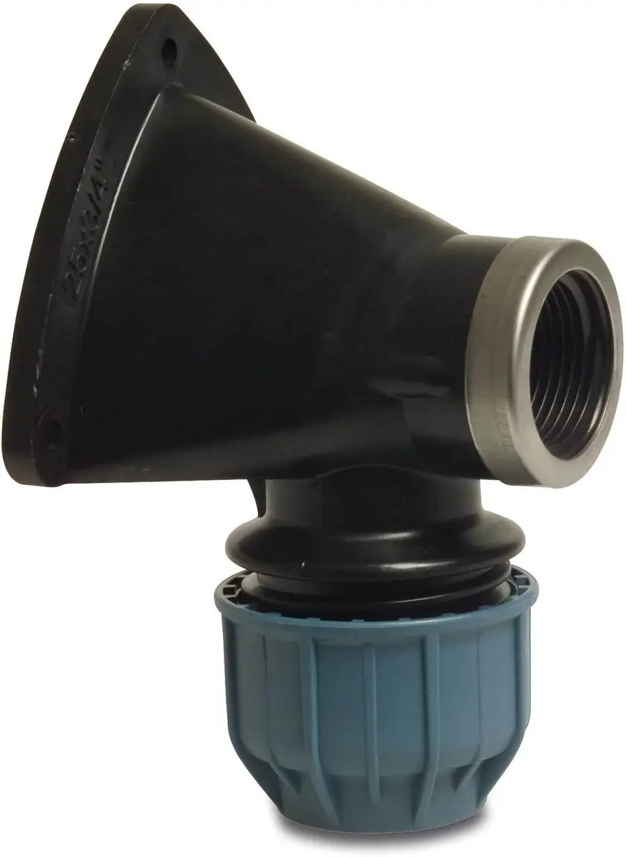 Muurplaat 90° pp 20 mm x 1/2 inch knel binnendraad 16bar zwart Kiwa Deltafix