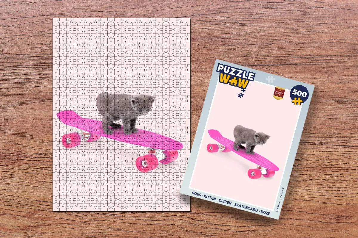 PuzzleWow Kitten Skateboard Legpuzzel 500 Stuks - Roze