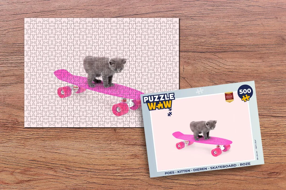 PuzzleWow Kitten Skateboard Legpuzzel 500 Stuks - Roze