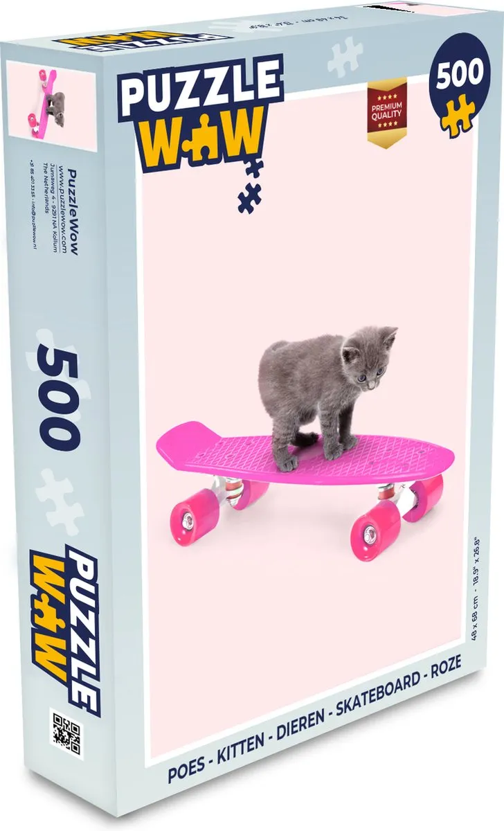 PuzzleWow Kitten Skateboard Legpuzzel 500 Stuks - Roze