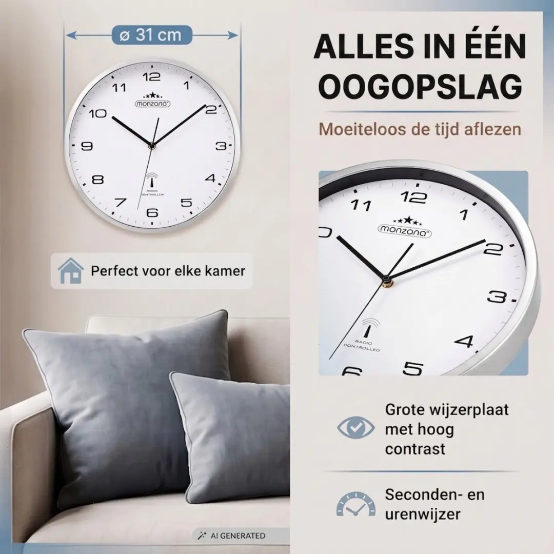 Monzana Wandklok Radiogestuurd Ø31cm - Wit/Zilver