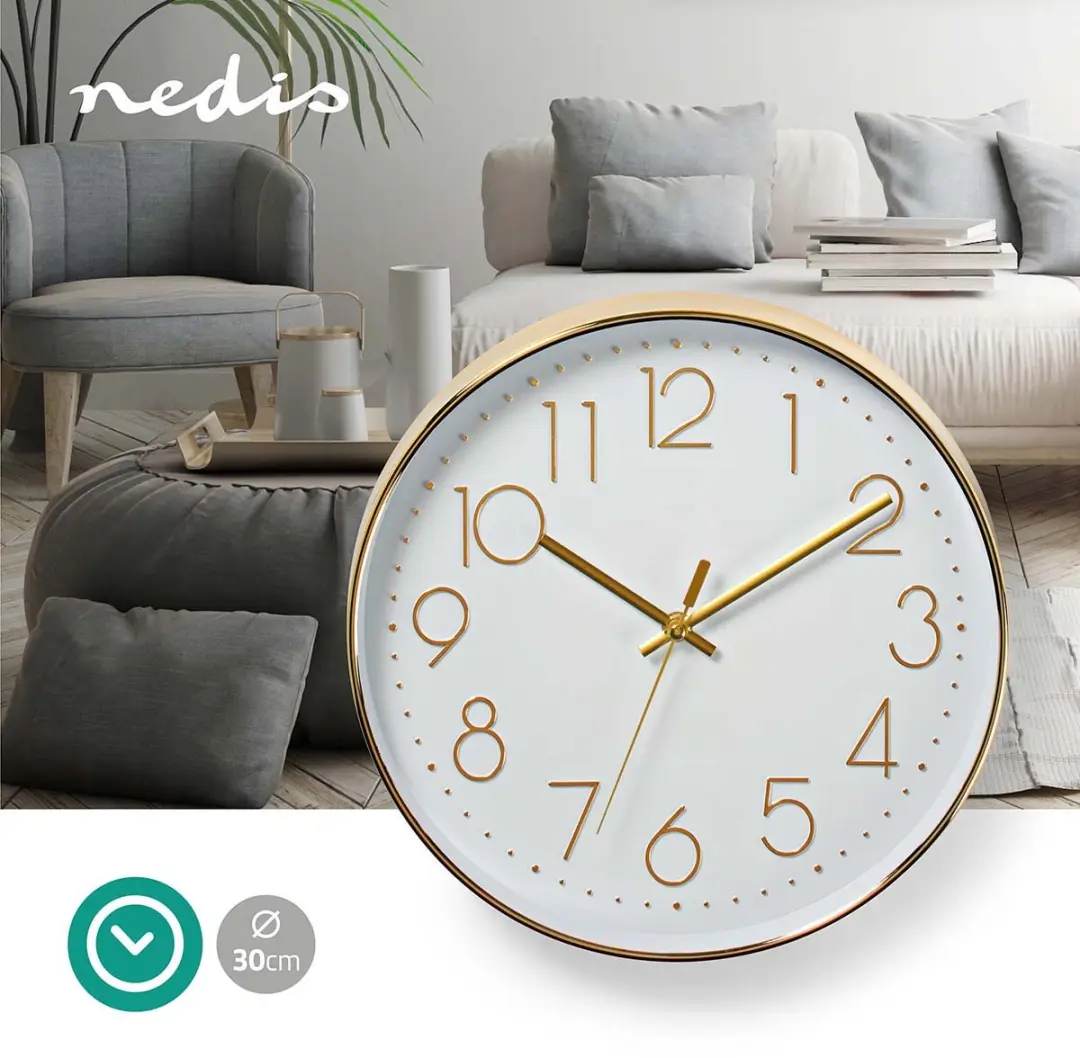 Nedis Wandklok 30cm - Goud/Wit - afbeelding 4 van 6