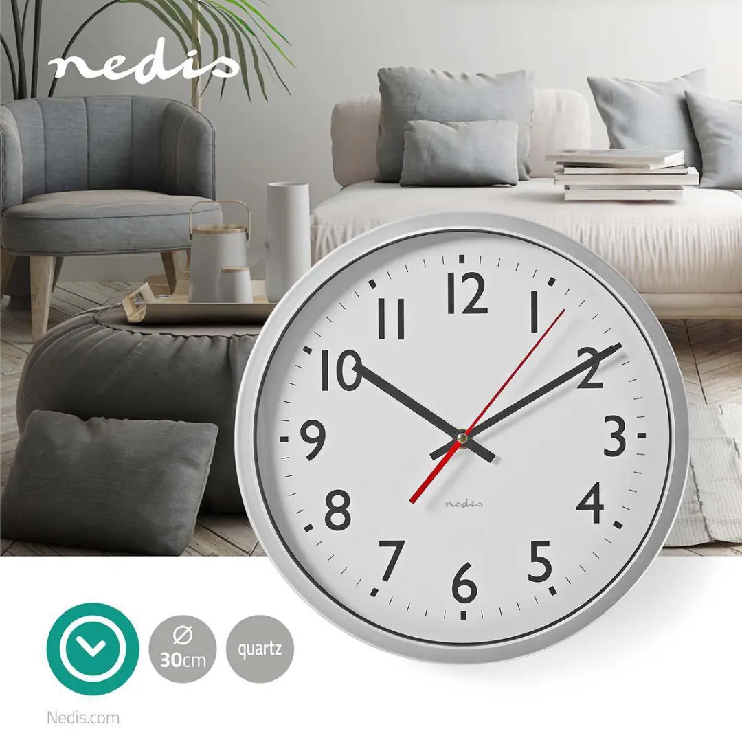 Nedis Wandklok CLWA110WT - 30cm - Wit/Zilver - afbeelding 4 van 6