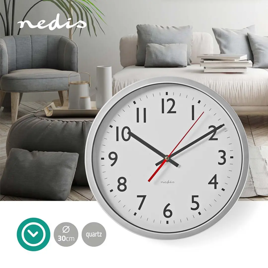 Nedis Wandklok CLWA110WT - 30cm - Wit/Zilver - afbeelding 3 van 6