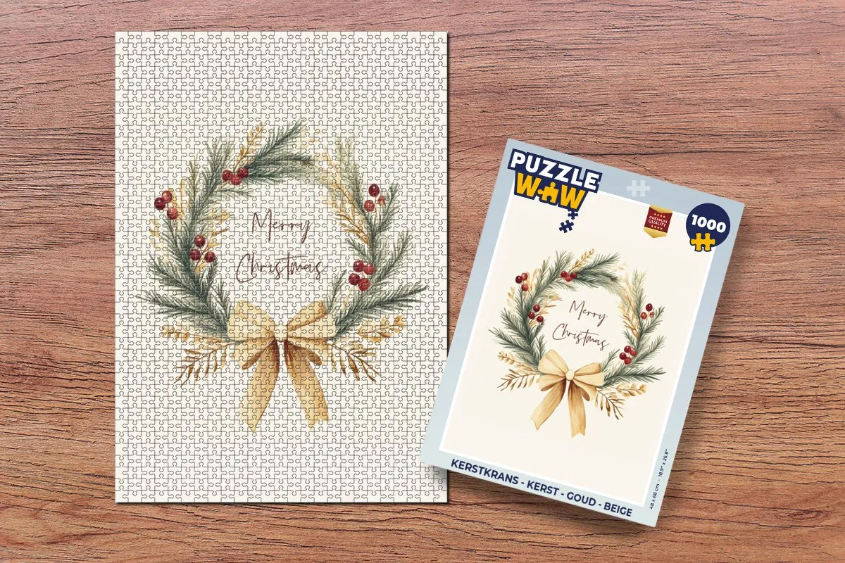 PuzzleWow Kerstkrans Legpuzzel 1000 Stuks - Goud/Beige