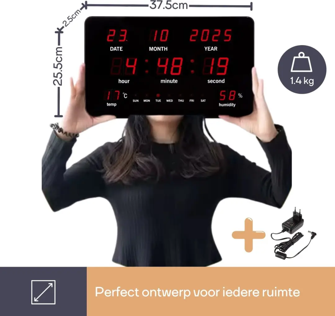 Perel Digitale LED Wandklok 37,5x25,5cm - Zwart met rode cijfers - afbeelding 6 van 6