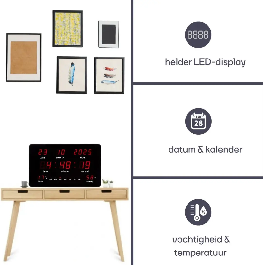 Perel Digitale LED Wandklok 37,5x25,5cm - Zwart met rode cijfers - afbeelding 5 van 6