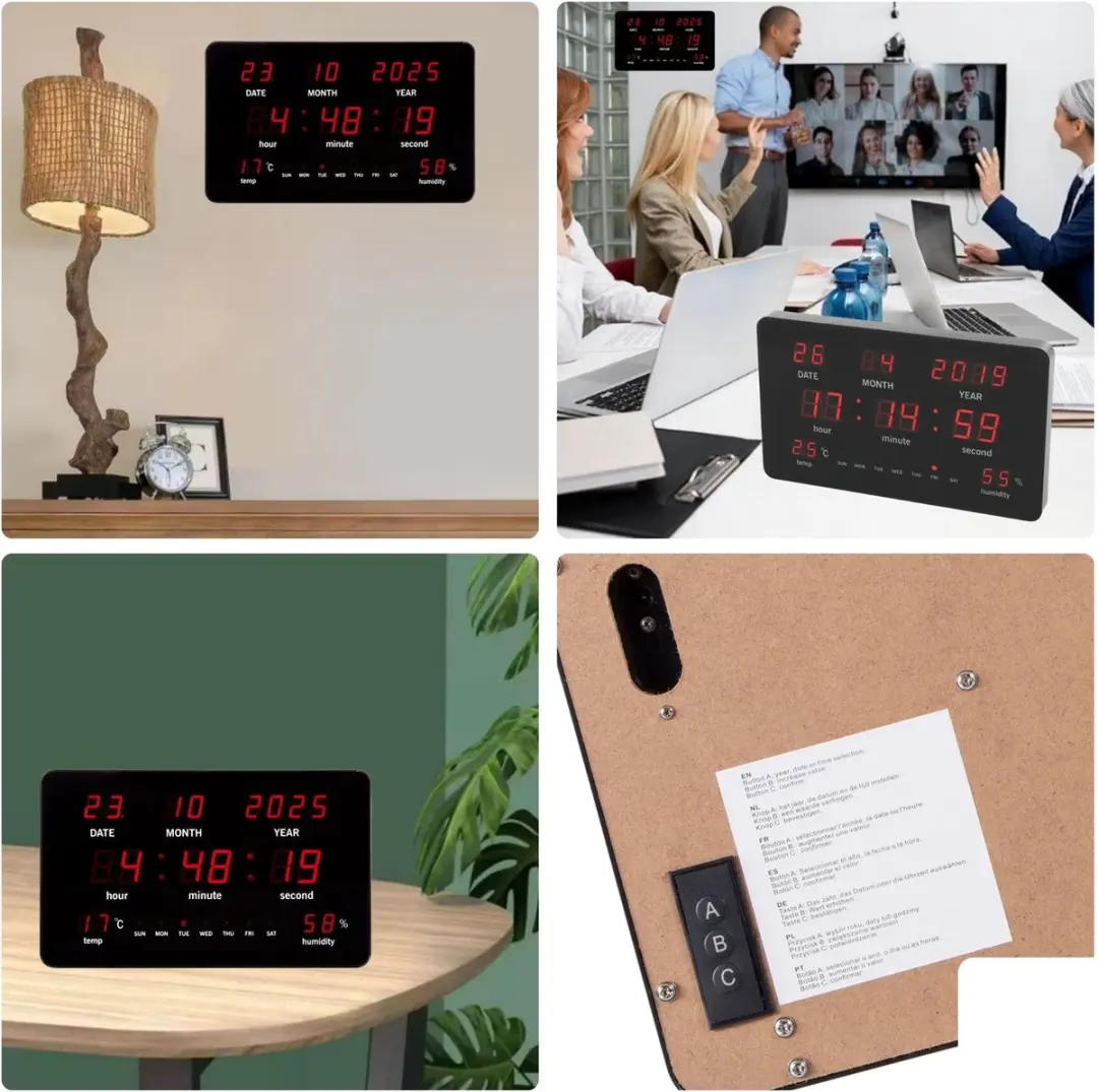 Perel Digitale LED Wandklok 37,5x25,5cm - Zwart met rode cijfers - afbeelding 3 van 6