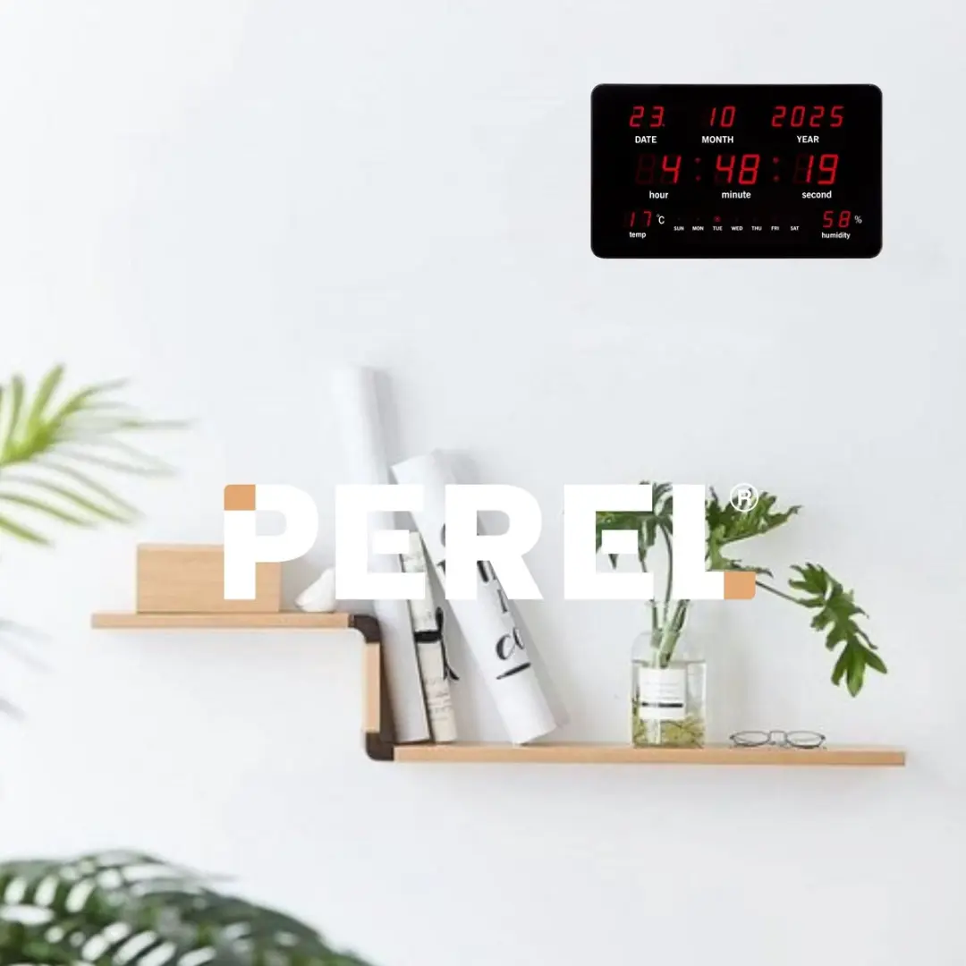 Perel Digitale LED Wandklok 37,5x25,5cm - Zwart met rode cijfers - afbeelding 2 van 6