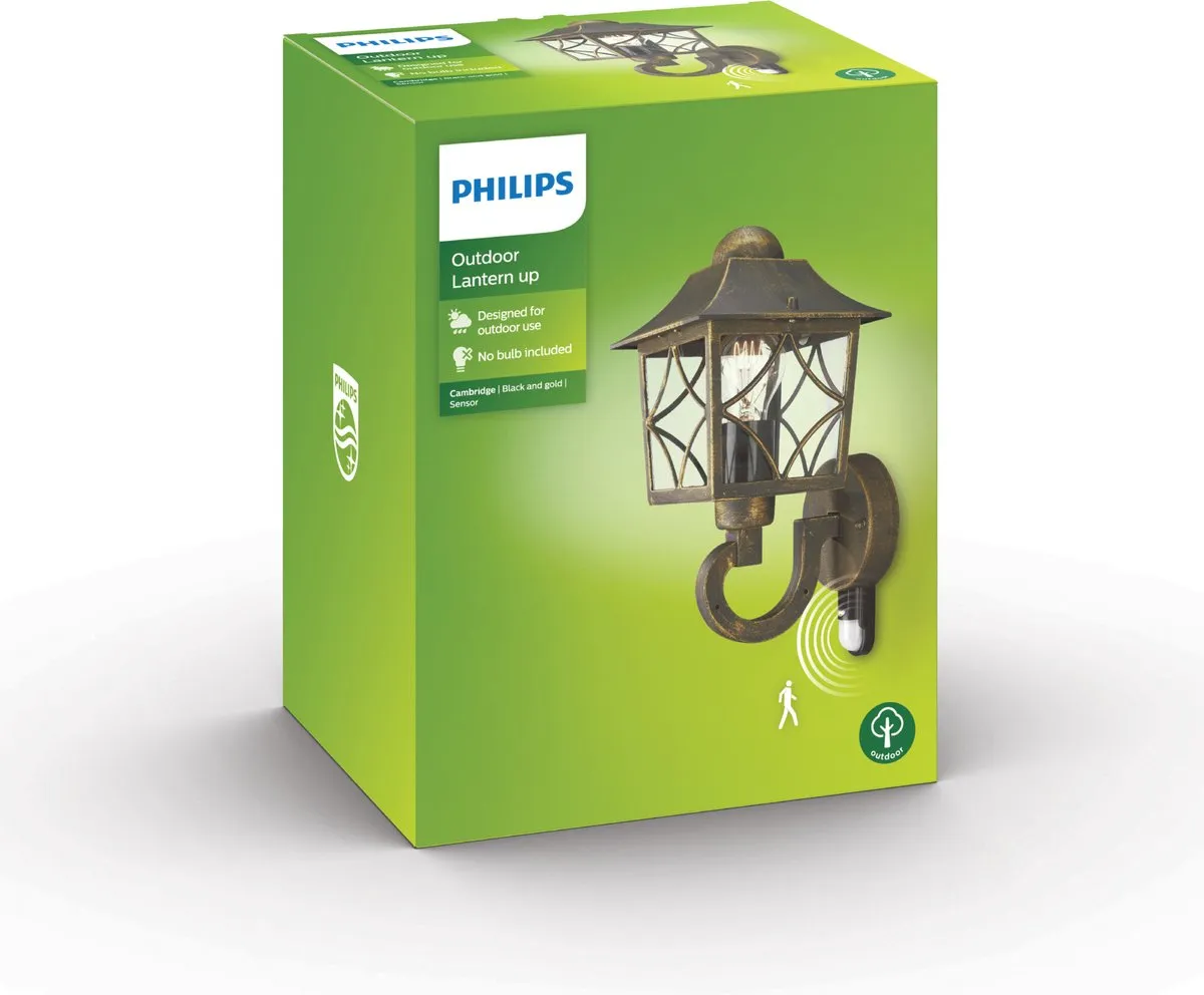 Philips LED Cambridge Buitenwandlamp Sensor - 60W - Zwart/Goud
