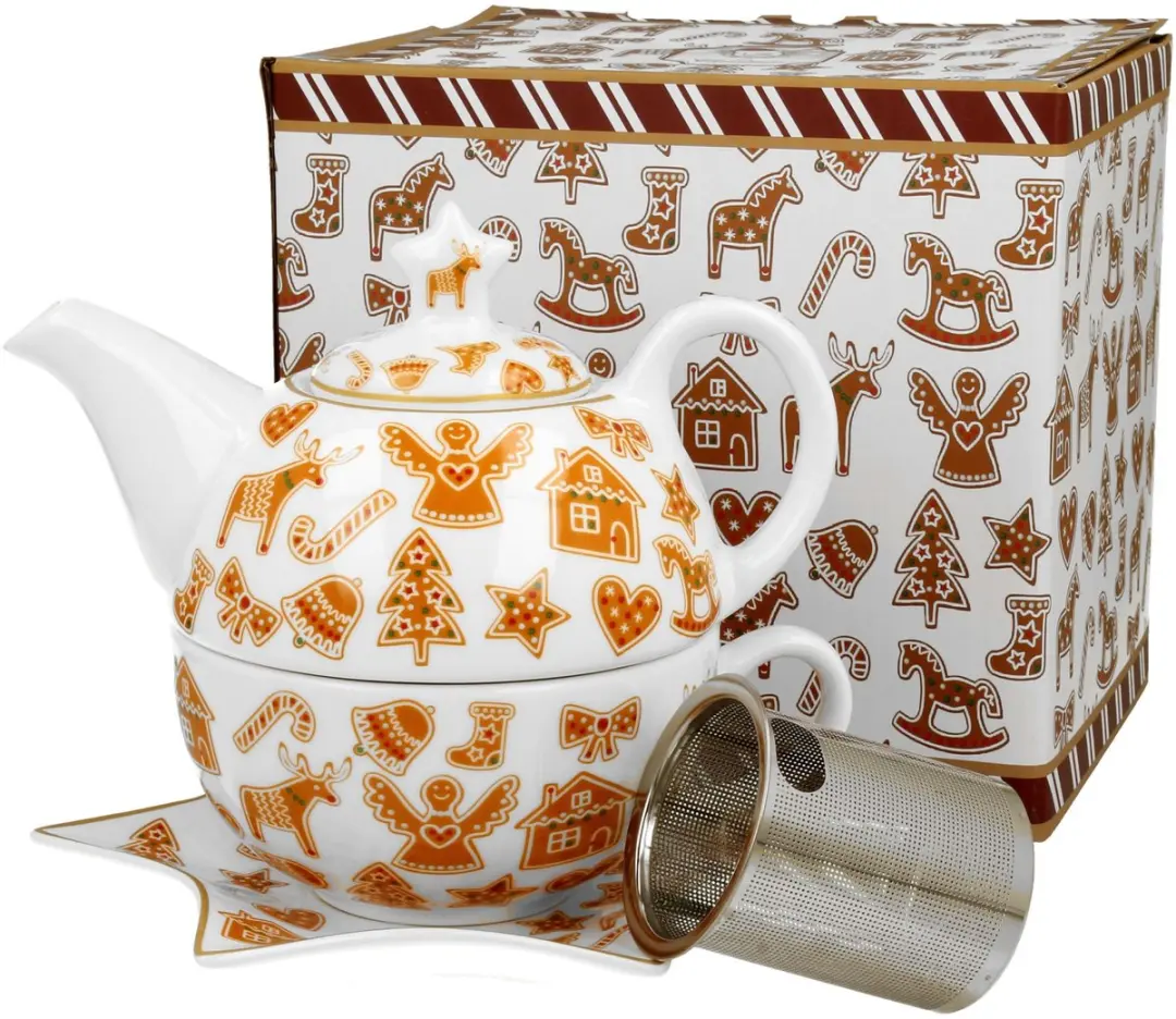 Duo Theepot met Mok en Schotel Peperkoek Kerst