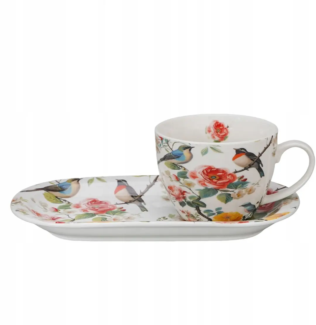 April Ontbijtset: Mok 450ml & Schotel met Bloemen & Vogels