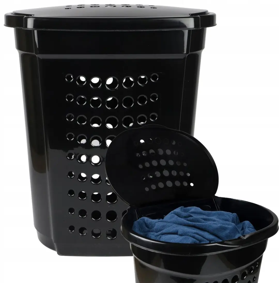 Grote Zwarte Wasmand 60L met Deksel