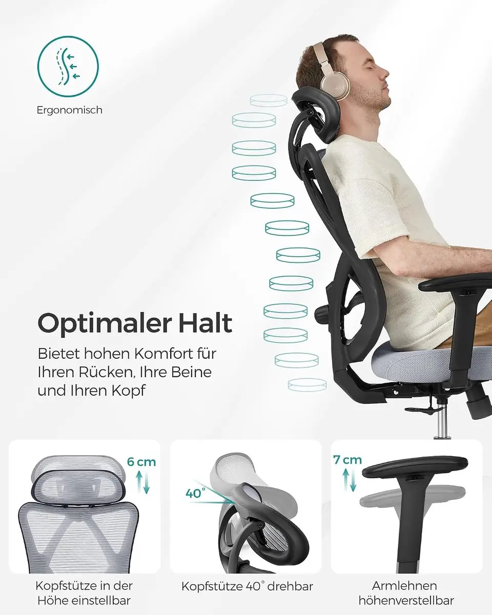 Songmics OBN063G01-2 Ergonomische Bureaustoel - Duifgrijs - afbeelding 6 van 6