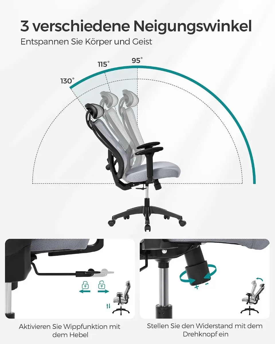 Songmics OBN063G01-2 Ergonomische Bureaustoel - Duifgrijs - afbeelding 4 van 6