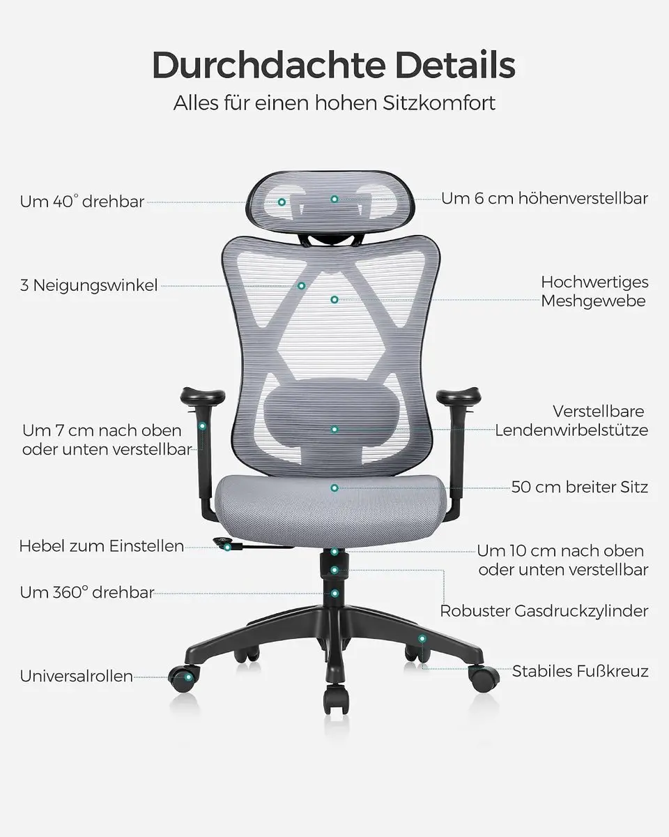Songmics OBN063G01-2 Ergonomische Bureaustoel - Duifgrijs - afbeelding 5 van 6
