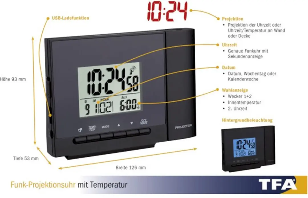 TFA Dostmann Projection Wekker 60.5013.01 - Thermometer - Zwart - afbeelding 4 van 6