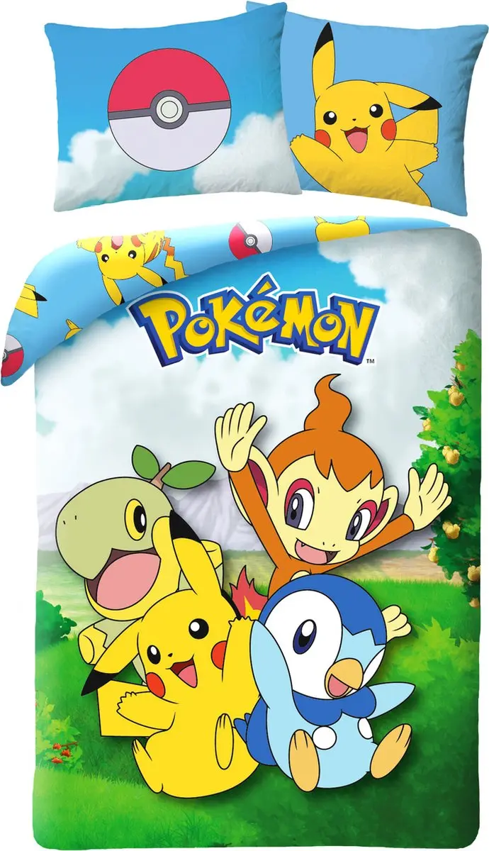 Pokémon Dekbedovertrek Piplup, Turtwig, Chimchar & Pikachu 140 x 200 cm (70 x 9