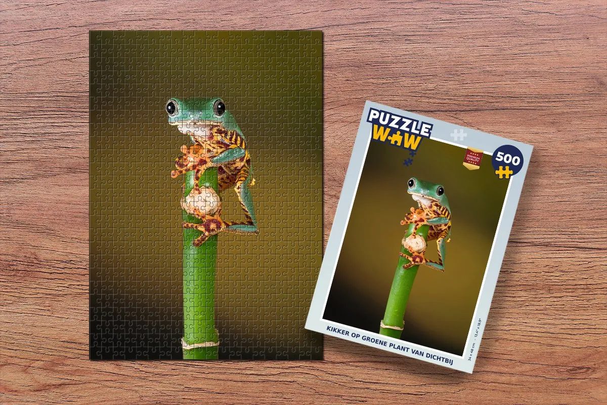 PuzzleWow Legpuzzel Kikker op groene plant 500 Stuks - Multicolor