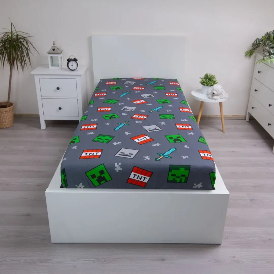Minecraft Hoeslaken Grijs - 90x200cm Katoen - afbeelding 4 van 5