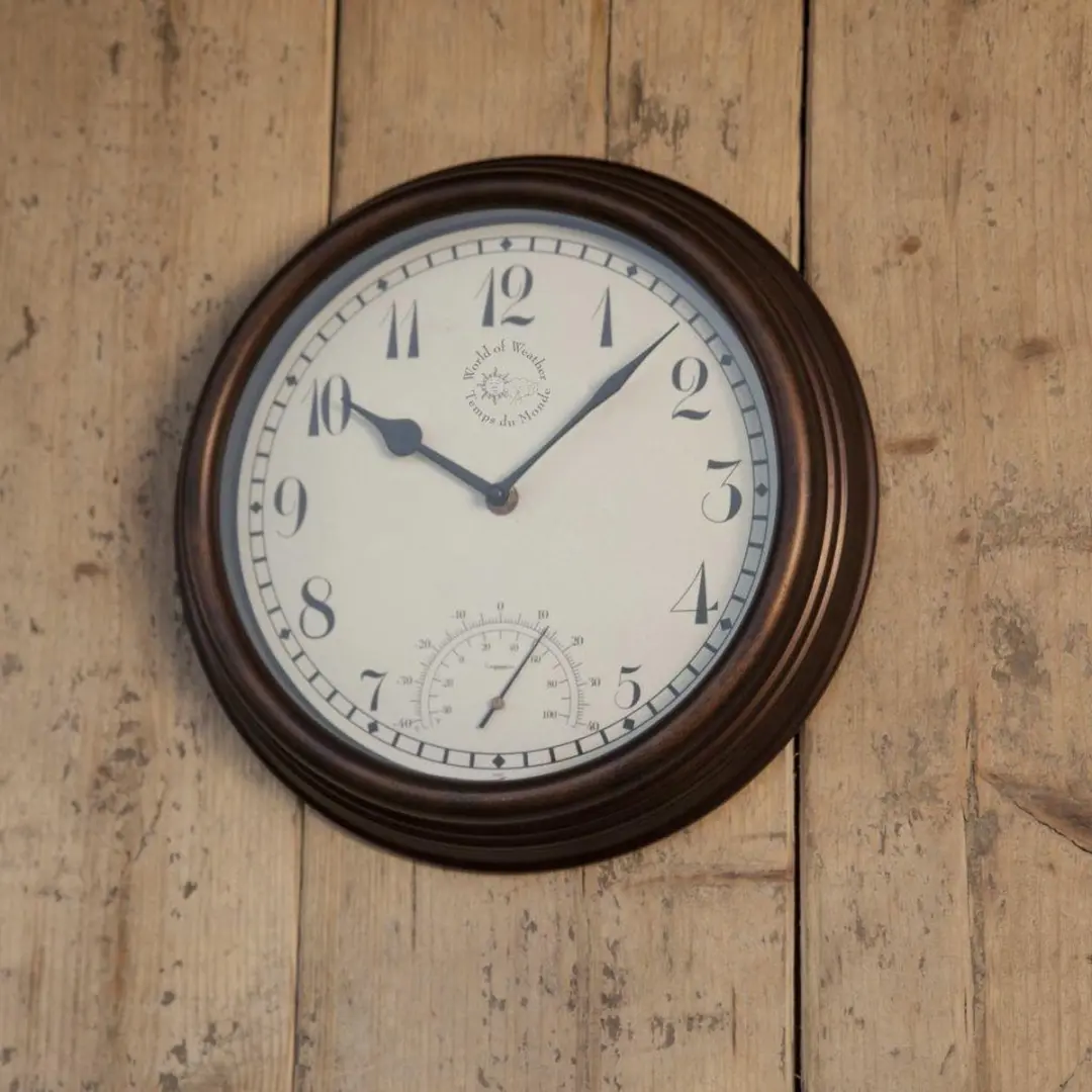 Esschert Design Stationsklok met Thermometer 30,5cm - Bruin - afbeelding 6 van 6