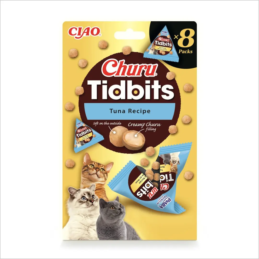 Inaba Ciao Churu Tidbits Sappige Brokjes Kattensnack Tonijn variëteiten 8x12g