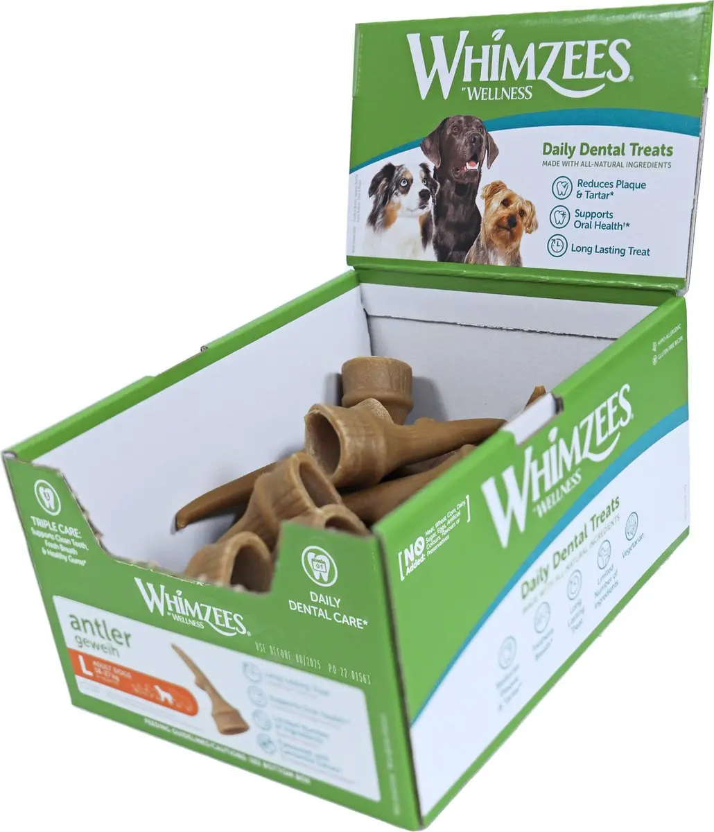 Whimzees antler, large in displaydoos (doos bevat 22 stuks)