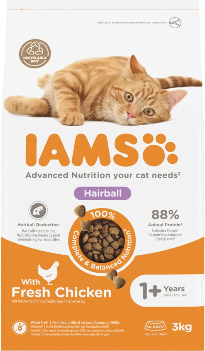 Iams Cat Adult Hairball Kip - 3x3kg
