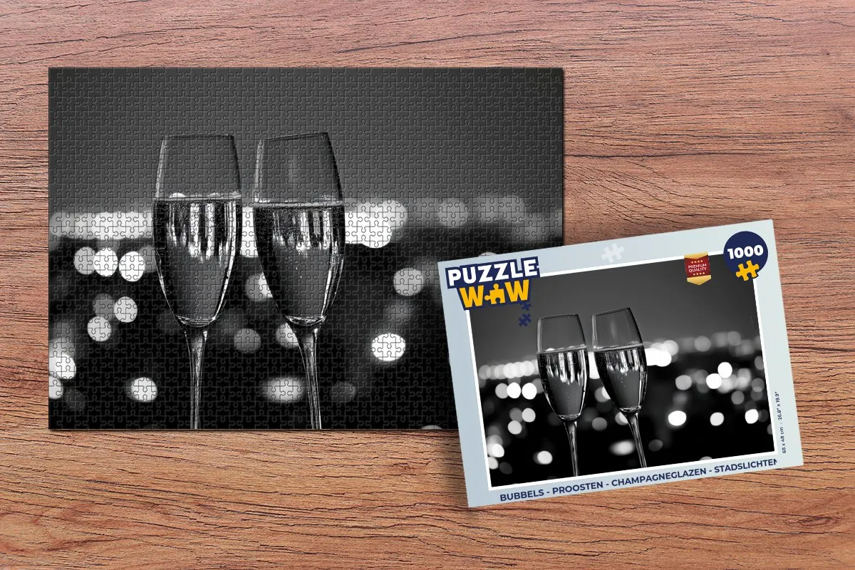 PuzzleWow Proosten Champagneglazen Legpuzzel 1000 Stuks - Proost/Zwart/Wit