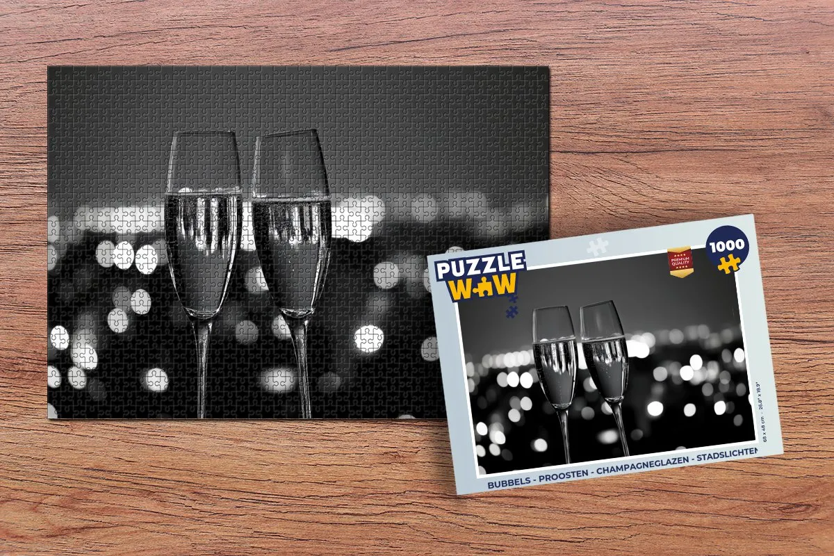 PuzzleWow Proosten Champagneglazen Legpuzzel 1000 Stuks - Proost/Zwart/Wit