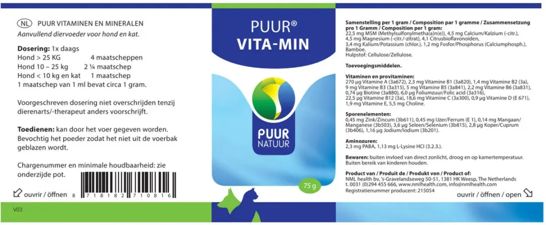 Puur Vitaminen & Mineralen Hond/Kat 75g