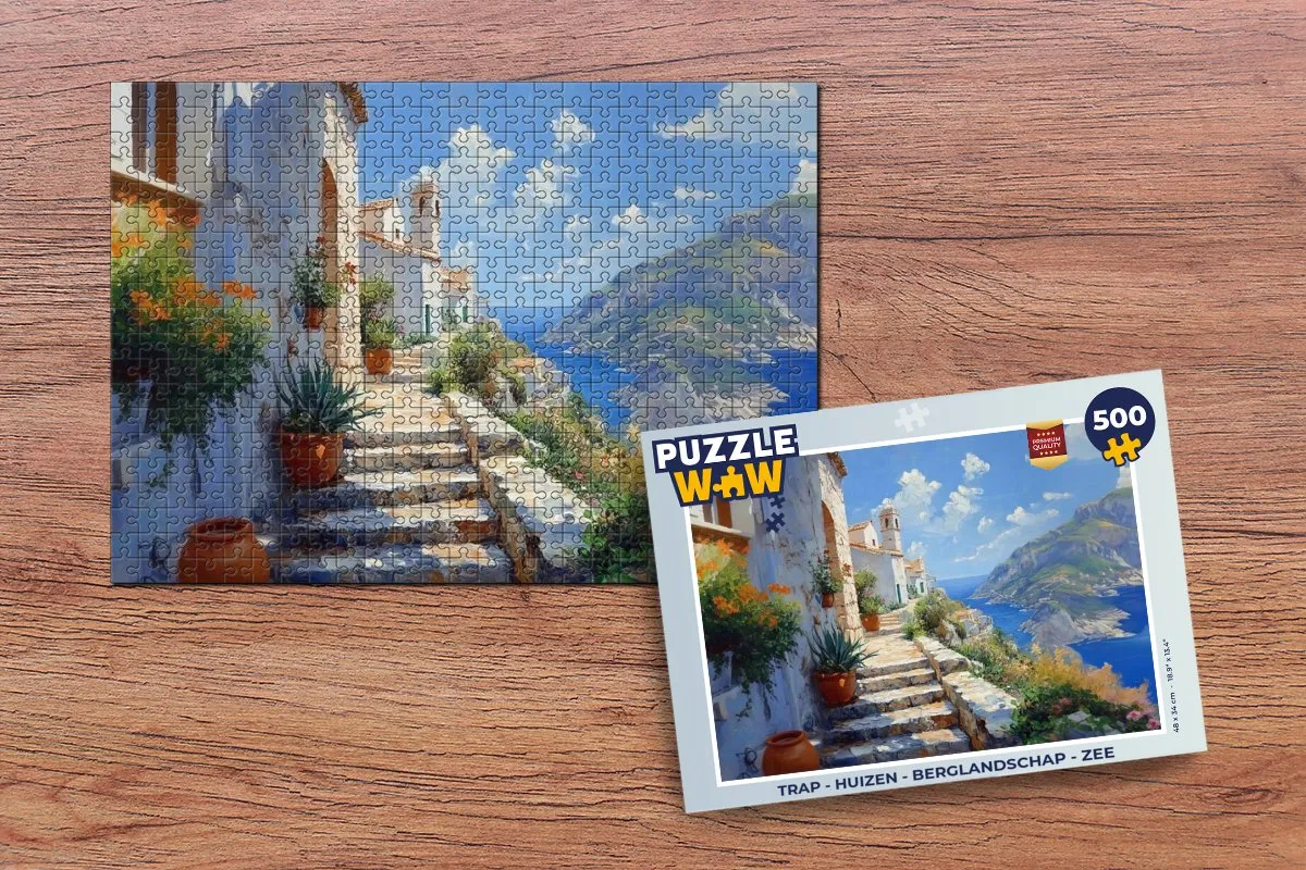 PuzzleWow Trap Huizen Berglandschap Zee Legpuzzel 500 Stuks