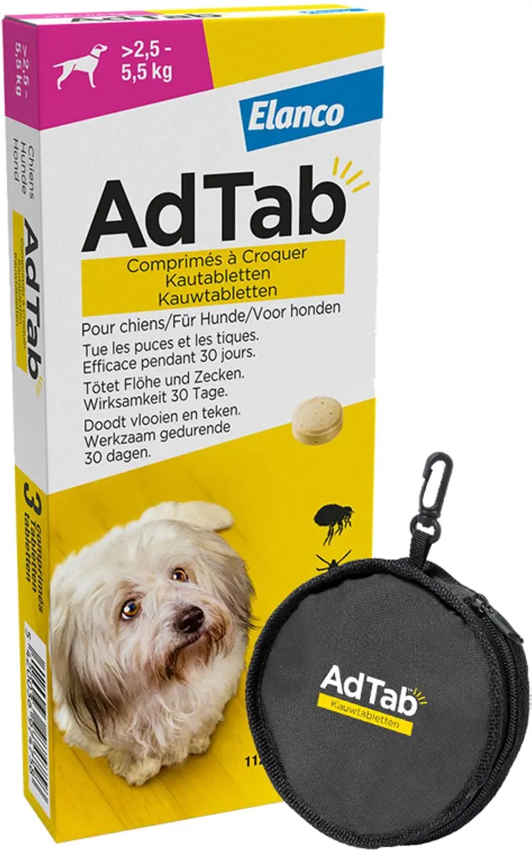 AdTab Vlooien Tabletten Hond - >2.5 kg tot 5.5 kg - 3 tabletten tegen vlooien en teken hond + Foldable Bowl