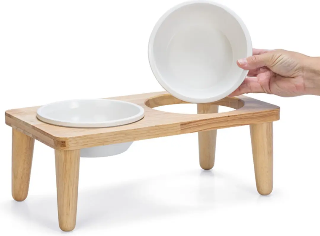 Designed by Lotte Dinerset Djeha Hondenvoerbak - Hout 40x21x15cm - Wit