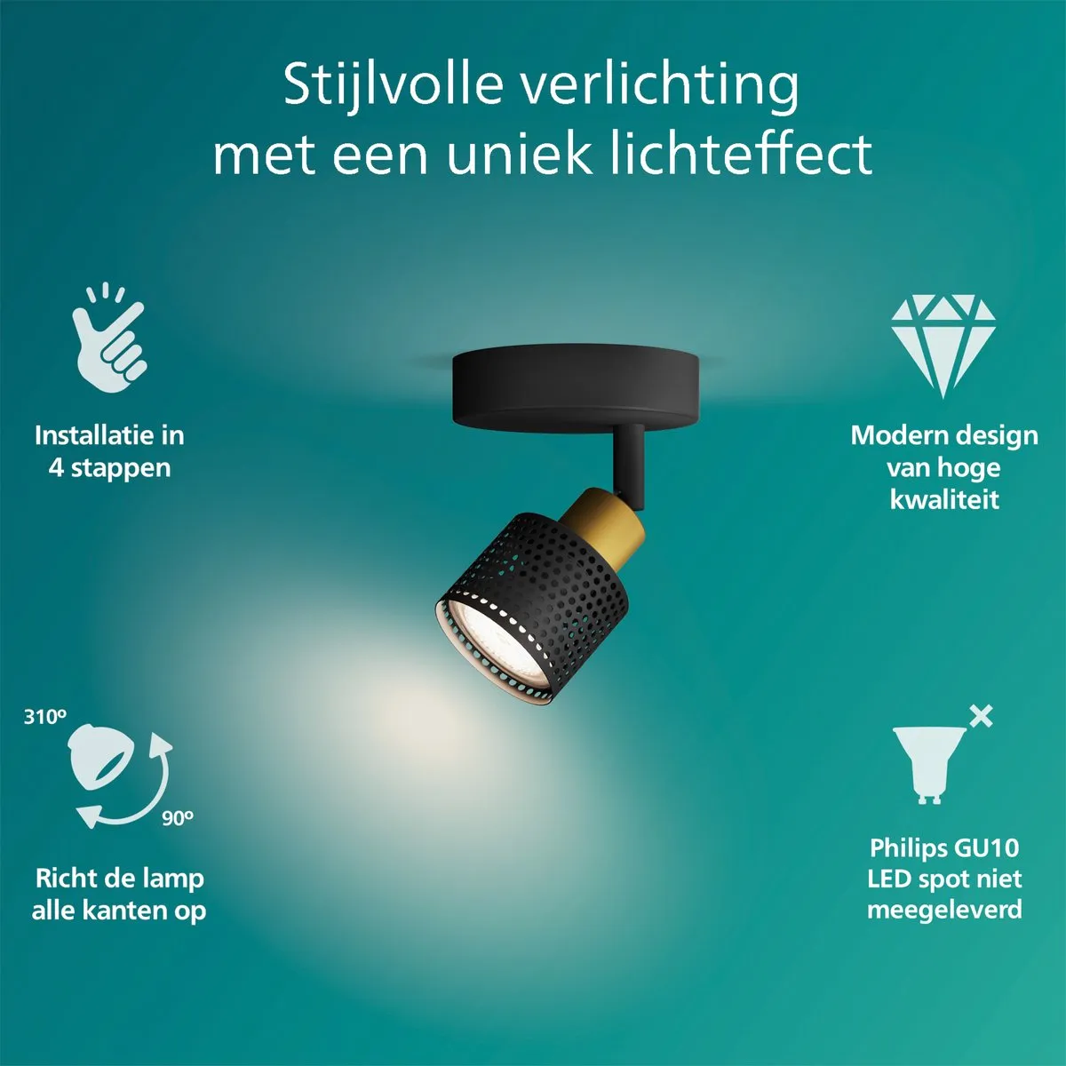 Philips Niall Spot Wandspot GU10 - 5W - Zwart/Messing