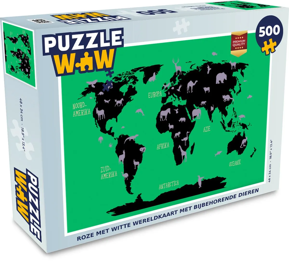 PuzzleWow Wereldkaart Dieren Legpuzzel 500 Stuks - Multicolor