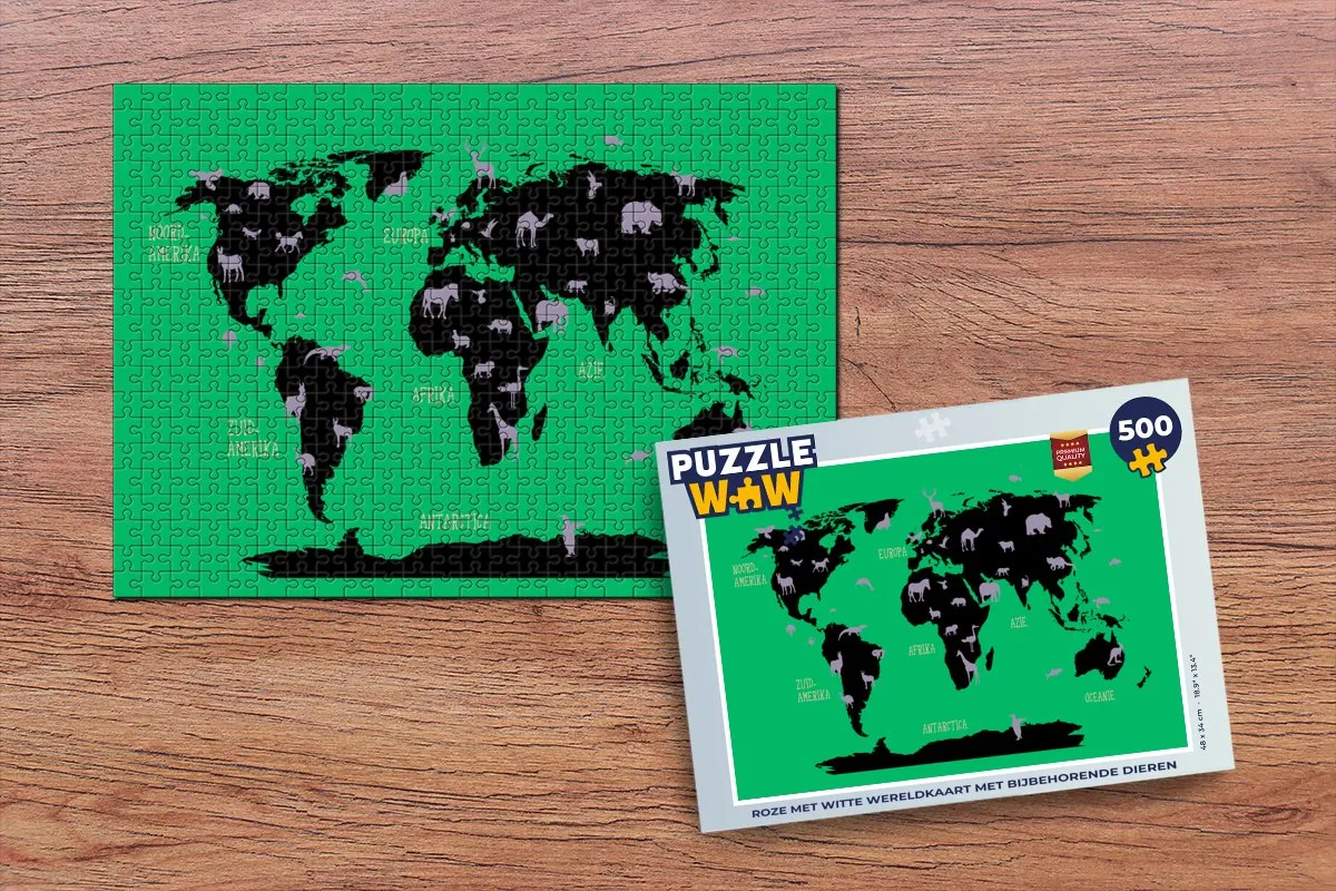 PuzzleWow Wereldkaart Dieren Legpuzzel 500 Stuks
