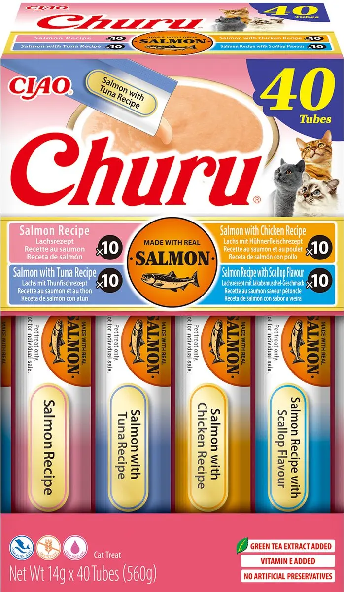 Inaba Ciao Churu Creamy Puree Liquid Kattensnack Zalm variëteiten 40x14g