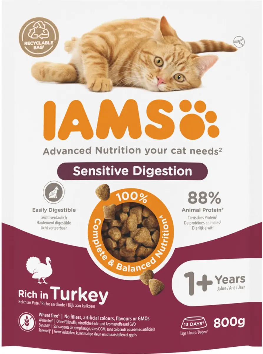 Iams Cat Adult Sensitive Digestion Kalkoen 800g - 4 Stuks